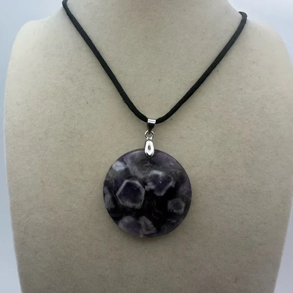 Round Dream/Chevron Amethyst Pendant on Satin Rope - Picture 4 of 10